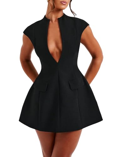 Women's Summer Sexy Cap Sleeve Deep V Neck Zipper A-line Mini Dress Hollow Bodycon Night Out Party Dress