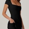 Womens Square Neck Tennis Dress Short Sleeve Built in Shorts Golf Athletic Dress with Pockets