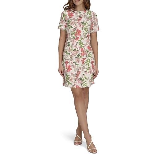 Women's Pleated Trim Short Sleeve High Neck Shift Mini Dress