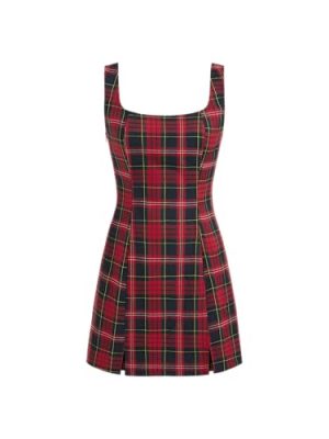 Mini Dress Plaid Checks Sleeveless Short Party Dress Scoop Neck Middle Waist Zipper Casual