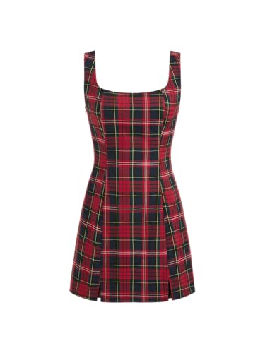 Mini Dress Plaid Checks Sleeveless Short Party Dress Scoop Neck Middle Waist Zipper Casual