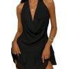 Women's Halter Mini Dress Deep V Neck Draped Ruffle Hem Backless Sleeveless Party Dresses