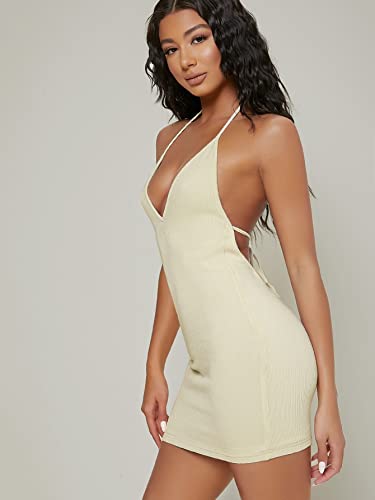 Women's Dress Bodycon Open-Back Halter Mini Dress Dress IPADSA (Color : Beige, Size : Small)