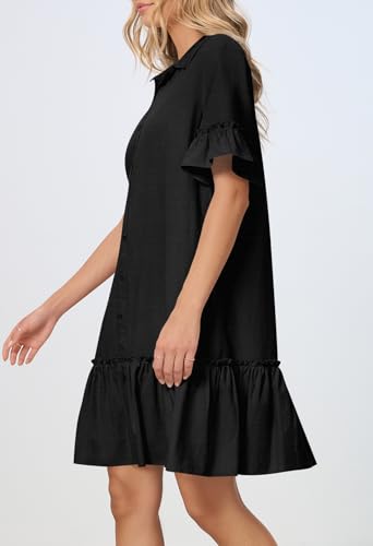 Women's Summer Button Down Shirt Dress Casual Ruffle Sleeve Shift Mini Dresses with Pockets