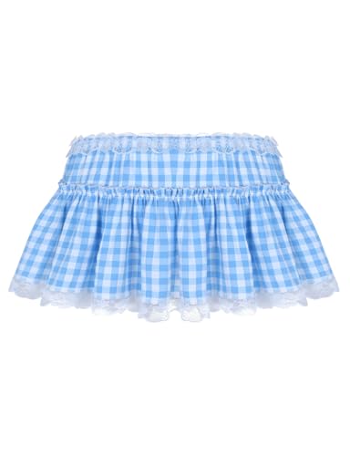 Women Men Sissy Pleated Mini Skirt Lace Hem Plaid Gingham Short Skirt Lingerie Fancy Dress