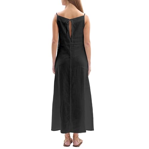 Women's 100% Linen Sleevelesss Black Tie Maxi Dresses Summer Casual