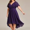 A Line V Neck Chiffon Short Sleeves High Low Knee Length Plus Size Wedding Guest Dresses for Curvy Women 01923-DA
