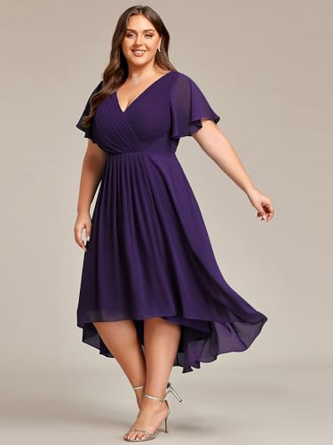 A Line V Neck Chiffon Short Sleeves High Low Knee Length Plus Size Wedding Guest Dresses for Curvy Women 01923-DA
