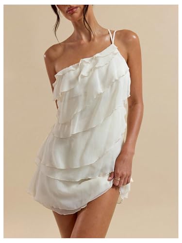 Women's One Shoulder Ruffle Mesh Mini Dress Layered Backless Vacation Party Sundresses