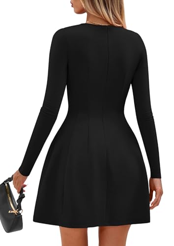 Long Sleeve Mini Dress for Women 2025 Fall Crewneck Knit Pleated Babydoll A Line Soft Casual Short Party Dresses