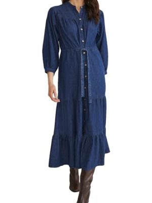 Women's Tiered Denim Shirt Dress 3/4 Sleeve Button Down Midi Jean Dresses Flowy Belted Denim Dress with Pockets