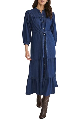 Women's Tiered Denim Shirt Dress 3/4 Sleeve Button Down Midi Jean Dresses Flowy Belted Denim Dress with Pockets