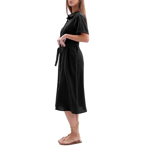 Women's 100% Linen Summer Casual Loose Button Down Midi Shirt Dresses