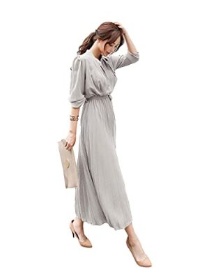 Womens Pleated Long Sleeve Loose Dress Casual Maxi Dresses with Tie Waist