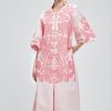 Women Casual V-Neck Mid Dress Floral Embroidery 3/4 Sleeves Spring Summer Tunic Dress Loose Zip Party Dress with Pocket
