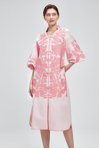 Women Casual V-Neck Mid Dress Floral Embroidery 3/4 Sleeves Spring Summer Tunic Dress Loose Zip Party Dress with Pocket