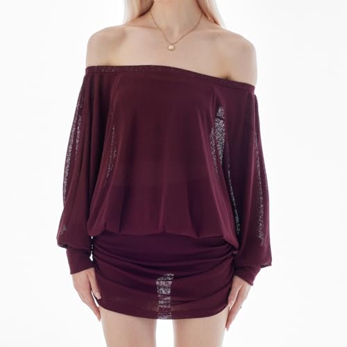 Loose Fit Sheer Dress Batwing Off The Shoulder Long Sleeve Mini Ruched Oversized Casual Streetwear Sexy Dress