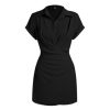 Dress for Women Collar Neck Mini Dress Middle Waist Buckle Wrap Short Sleeve Party Date Elegant