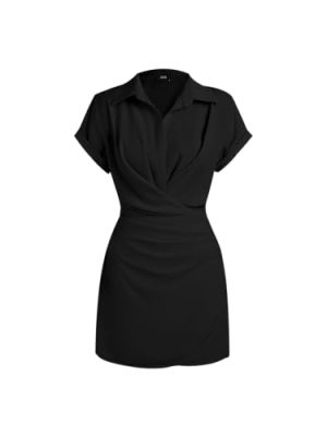 Dress for Women Collar Neck Mini Dress Middle Waist Buckle Wrap Short Sleeve Party Date Elegant