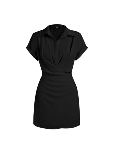 Dress for Women Collar Neck Mini Dress Middle Waist Buckle Wrap Short Sleeve Party Date Elegant