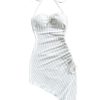 Women's Mini Sexy Dress 2025 Summer Sleeveless Neck Drawstring Asymmetrical Hem Dress