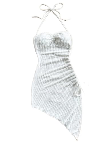 Women's Mini Sexy Dress 2025 Summer Sleeveless Neck Drawstring Asymmetrical Hem Dress