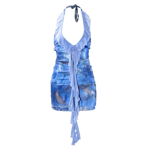 Women Sexy Halter Neck Floral Bodycon Mini Dress Backless Ruffle Layered Short Party Mesh Dress