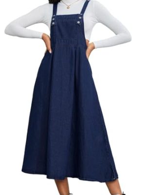 Women's Casual Denim Overall Dress Sleeveless Flowy Baggy Long Jean Jumper Dresses