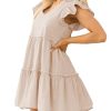 Women's Summer Ruffle Sleeve Flowy Babydoll Mini Dress Casual V Neck Tie Back A Line Tiered Short Dress with Pocket