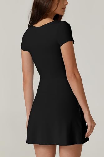 Womens Square Neck Tennis Dress Short Sleeve Built in Shorts Golf Athletic Dress with Pockets