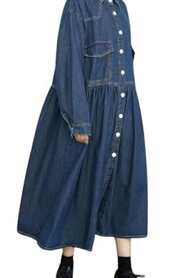 Womens Fall Winter A-Line Long Denim Trench Coat Loose Casual Button Down Maxi Jean Shirt Dress
