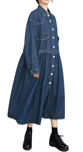 31TtrJS010L.jpg Womens Fall Winter A-Line Long Denim Trench Coat Loose Casual Button Down Maxi Jean Shirt Dress