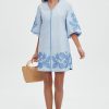 Women Mini Dress Summer 3/4 Puff Sleeves Embroidery Floral Tunic Mini Dress V Neck Loose Zip Party Dresses