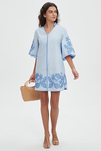 Women Mini Dress Summer 3/4 Puff Sleeves Embroidery Floral Tunic Mini Dress V Neck Loose Zip Party Dresses