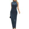 Women Backless Velvet Maxi Dress Back Slit Ruched Bodycon Formal Dress High Neck Cocktail Party Dress 091