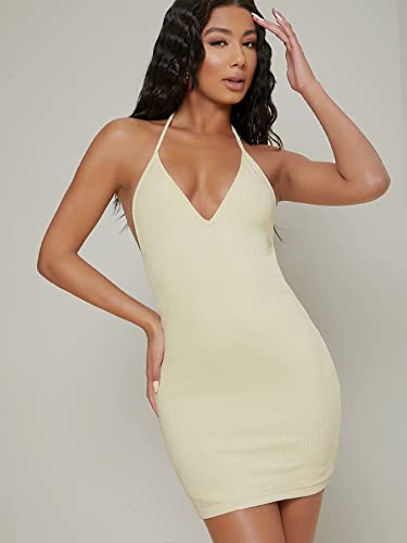 Women's Dress Bodycon Open-Back Halter Mini Dress Dress IPADSA (Color : Beige, Size : Small)