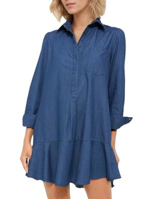 Women's Long Sleeve Denim Shirt Dress 2025 Button Down Ruffle Flowy Collared Mini Jeans Dress