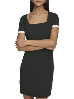 Women's Short Sleeve Square Neck Bow Embellished Shift Mini Dress