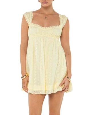 Women's Babydoll Mini Dress Floral Embroidery Summer Sleeveless Loose A Line Flowy Short Sundress for Beach Club Party