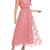 Women's Casual Tulle Midi Dress Ruffle Sleeve Crewneck Lace Flowy Dresses Party Wedding Guest Sundress