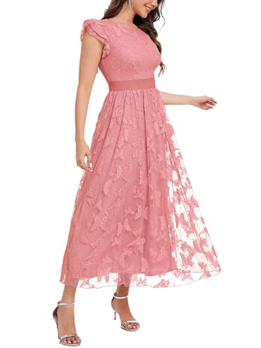 Women's Casual Tulle Midi Dress Ruffle Sleeve Crewneck Lace Flowy Dresses Party Wedding Guest Sundress