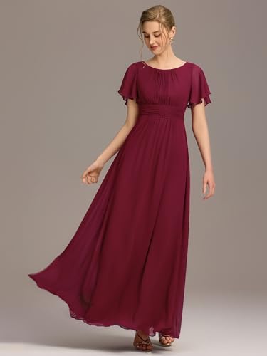 Women's Classic Round Neck Short Sleeves Chiffon Floor Length Bridesmaid Dress 01840-PH