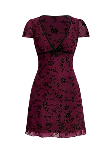 Women's Y2k Floral Print Deep V Neck Short Sleeve Fit and Flare Vintage Mini Dress