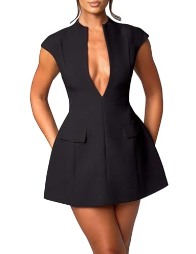 Women's Summer Sexy Cap Sleeve Deep V Neck Zipper A-line Mini Dress Hollow Bodycon Night Out Party Dress