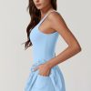 Womens Square Neck Tennis Dress Pleated Sleeveless Built in Shorts Golf Athletic Dress with Pockets