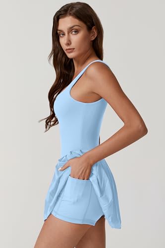Womens Square Neck Tennis Dress Pleated Sleeveless Built in Shorts Golf Athletic Dress with Pockets