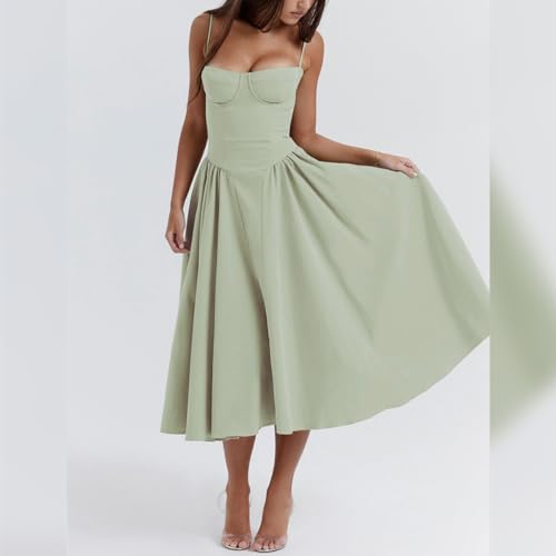 Women??s Corset Dress Sexy Spaghetti Strap Bustier Midi Dress Low Cut Flowy Pleated Hem Formal Dresses with Pockets