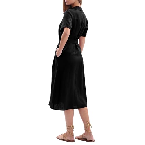 Women's 100% Linen Summer Casual Loose Button Down Midi Shirt Dresses