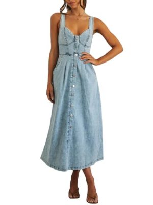 Women's Sexy Strap Maxi Denim Dress Summer Sleeveless Halter Bodycon Maxi Dresses