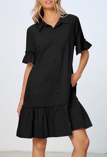 Women's Summer Button Down Shirt Dress Casual Ruffle Sleeve Shift Mini Dresses with Pockets